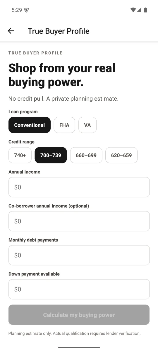 True Buyer Profile in the Ready Front Real Estate app