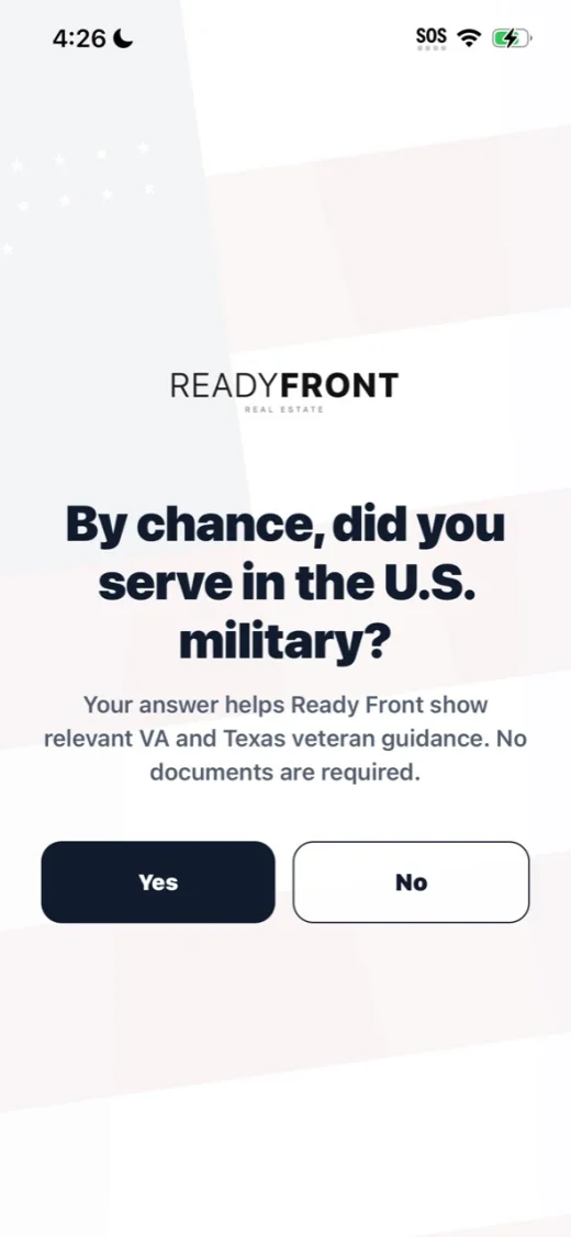 Veteran onboarding in the Ready Front Real Estate app